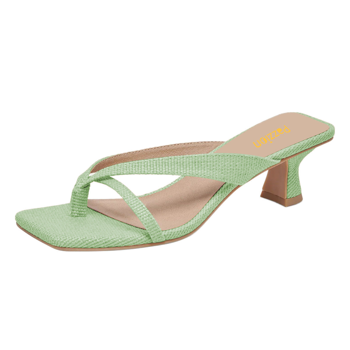 Fabric Square Toe Flared Mid Heel Green Flip Flops for Women