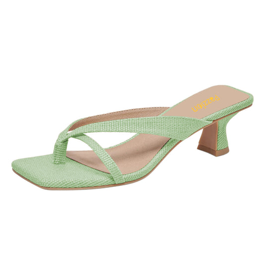 Fabric Square Toe Flared Mid Heel Green Flip Flops for Women