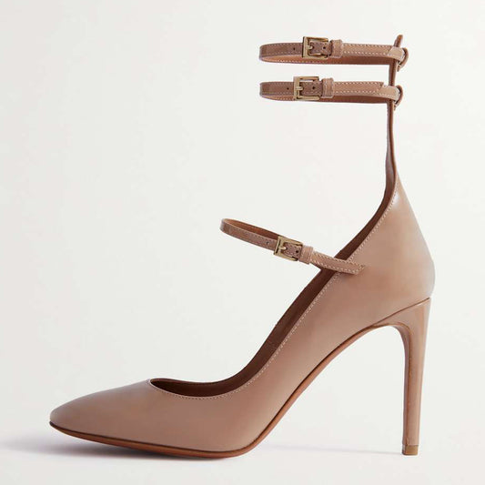 Beige Closed Toe Stiletto Heel Buckled Strappy Pumps