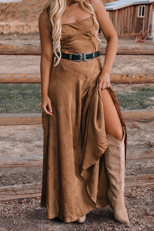 Floral Satin Ruffle Maxi Dress