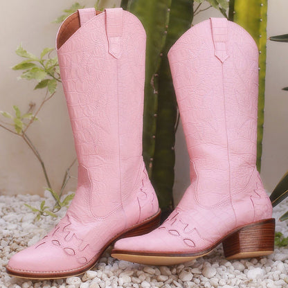 Faux Leather Embroidered Pointed Toe Pink Mid-Calf Cowgirl Boots