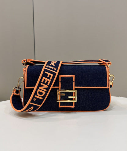 FI Baguette Blue Denim Orange Border Bag For Woman 26cm/10in