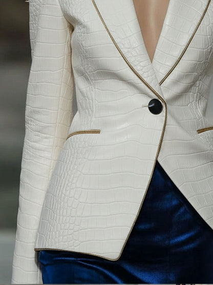 Fashion Retro Gold-Trimmed White Crocodile-Print Faux Leather Blazer