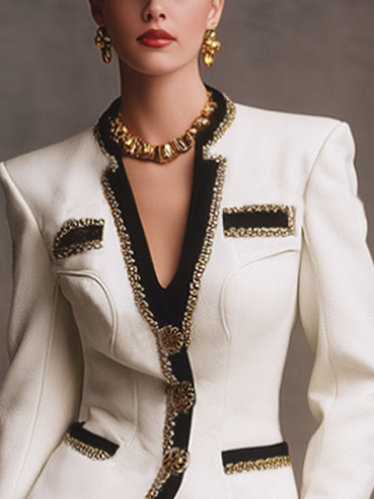 Elegant V-neck Contrasting Edge Woolen Jacket