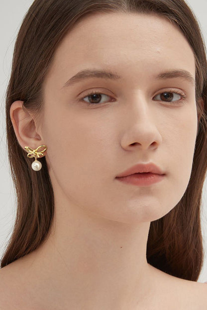 Gold Bow Pearl Earrings