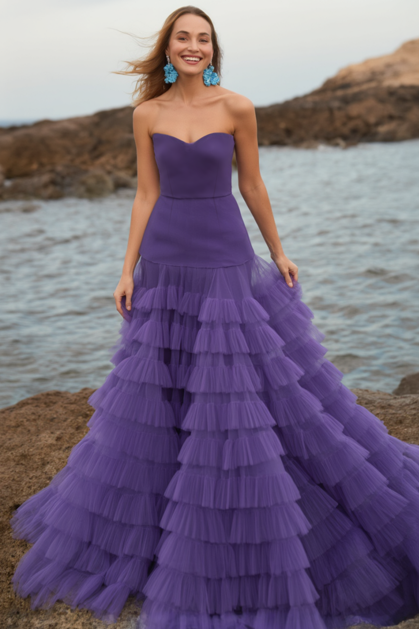 Evening Prom Tiered Dress Purple Strapless Floor-Length Dress