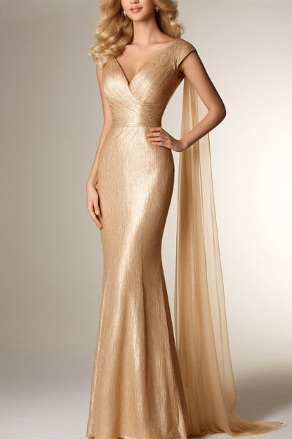Evening Formal Dress Golded V Neck Cape Floor-Length Sequin Dress