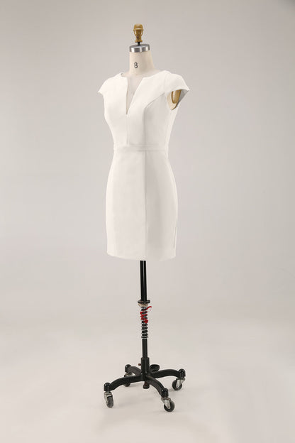 Elegant Cocktail Dress Deep V Fitted White Knee-Length Dress