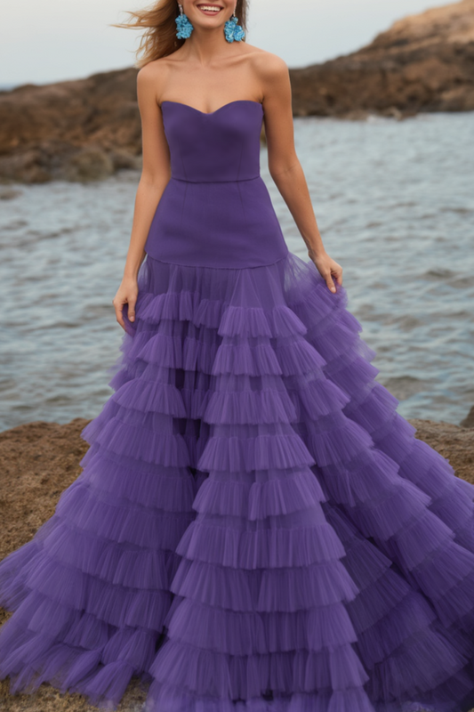Evening Prom Tiered Dress Purple Strapless Floor-Length Dress