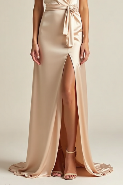 Formal Wedding Guest Satin Dress Champagne V Neck Split Maxi Dress