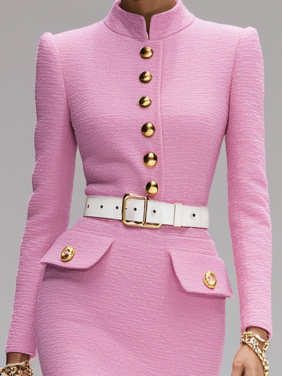 Fashion Pink Tweed Round Neck Gold Button Midi Dress