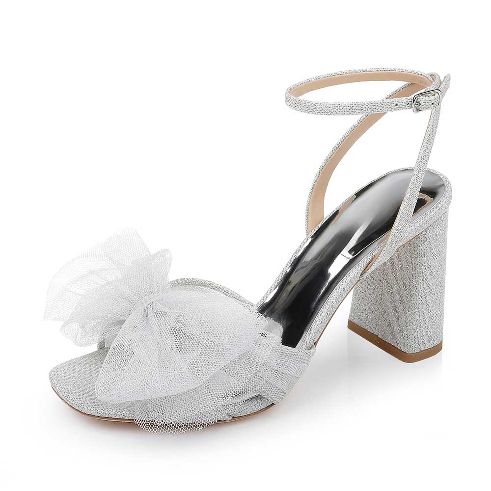 Fabric Sophisticated Mesh Bow Inlay Ankle Strap Silver Sandals
