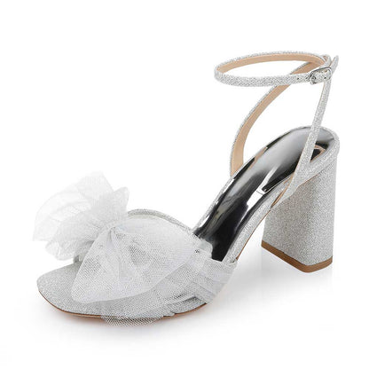 Fabric Sophisticated Mesh Bow Inlay Ankle Strap Silver Sandals