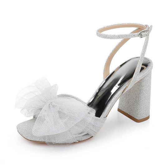Fabric Sophisticated Mesh Bow Inlay Ankle Strap Silver Sandals