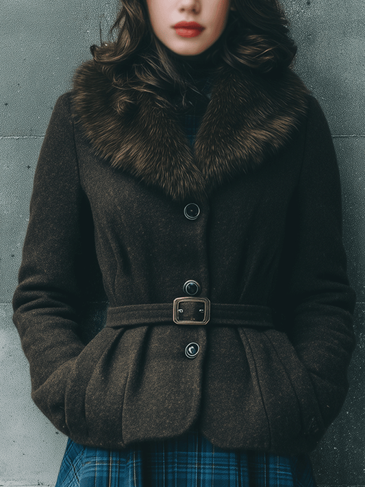 Elegant Wool Belted Coat With Faux Fur Collar