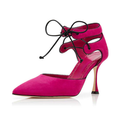 Fuchsia Pointed Toe Stiletto Heel Pumps Shoes with Lace-Up Detail