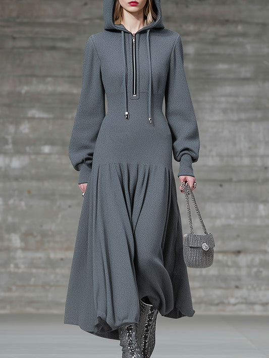 Fashion Loose Gray Safety Pin Hooded Zipper Midi Dress