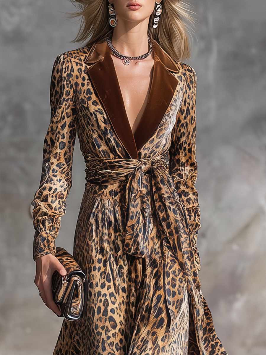 Fashion Retro Leopard Print Lapel Velvet Midi Dress