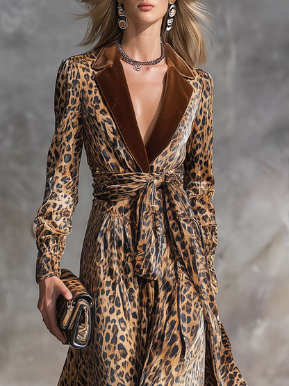 Fashion Retro Leopard Print Lapel Velvet Midi Dress