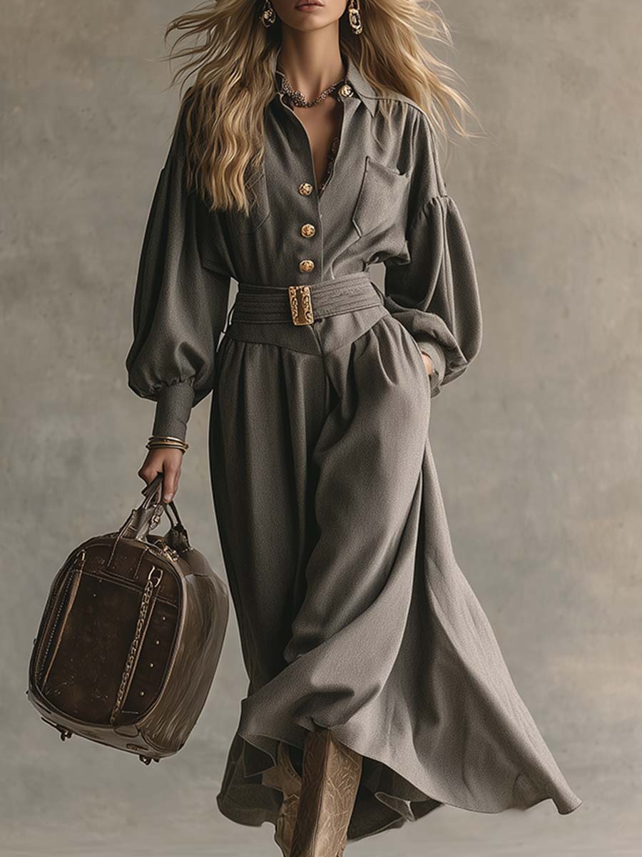 Elegant And Sophisticated Grey Lapel Buttoned Wool Maxi Dress