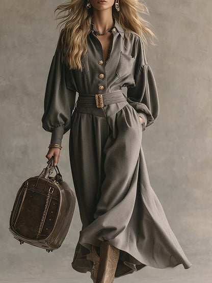 Elegant And Sophisticated Grey Lapel Buttoned Wool Maxi Dress