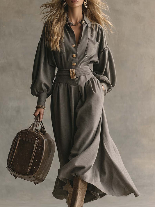 Elegant And Sophisticated Grey Lapel Buttoned Wool Maxi Dress