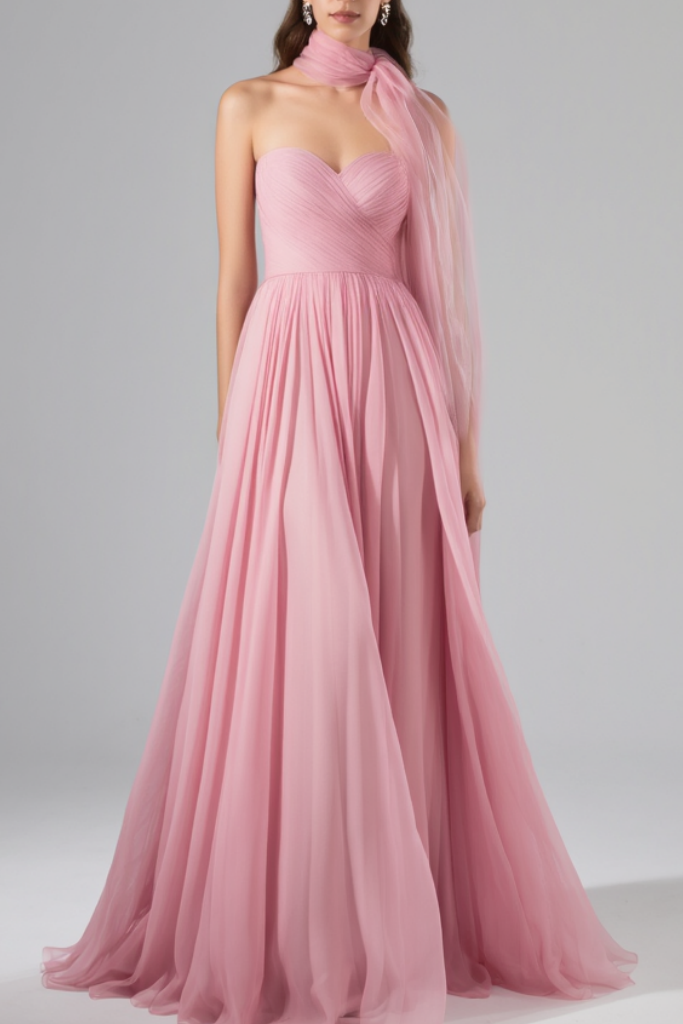 Formal Evening Mesh Dress Pink with Scarf Floor-Length Gown