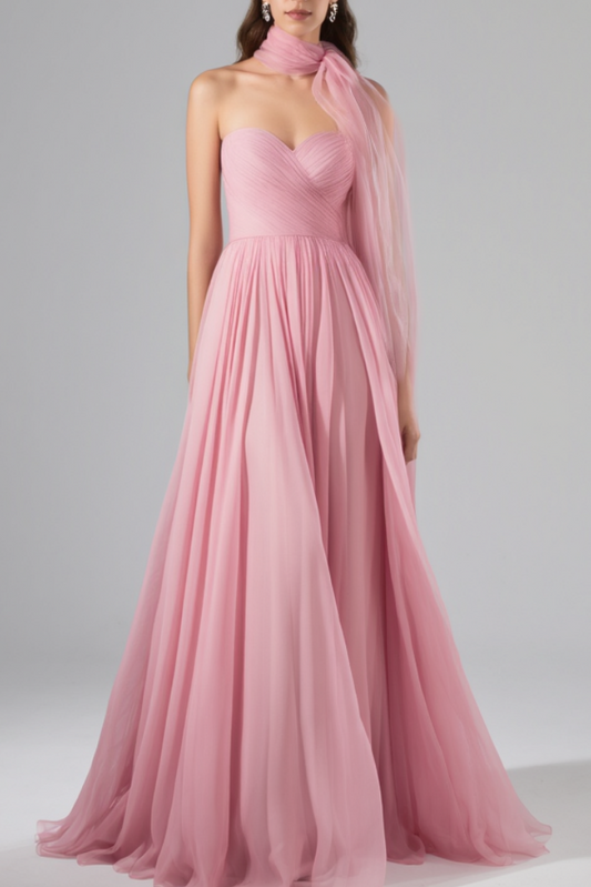 Formal Evening Mesh Dress Pink with Scarf Floor-Length Gown