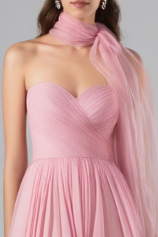 Formal Evening Mesh Dress Pink with Scarf Floor-Length Gown