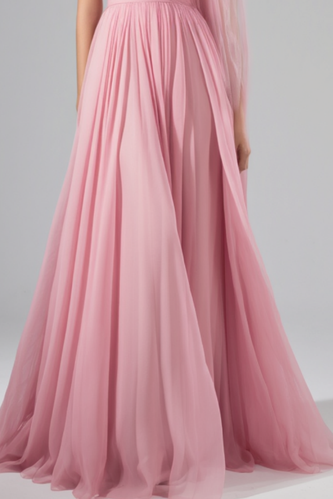 Formal Evening Mesh Dress Pink with Scarf Floor-Length Gown