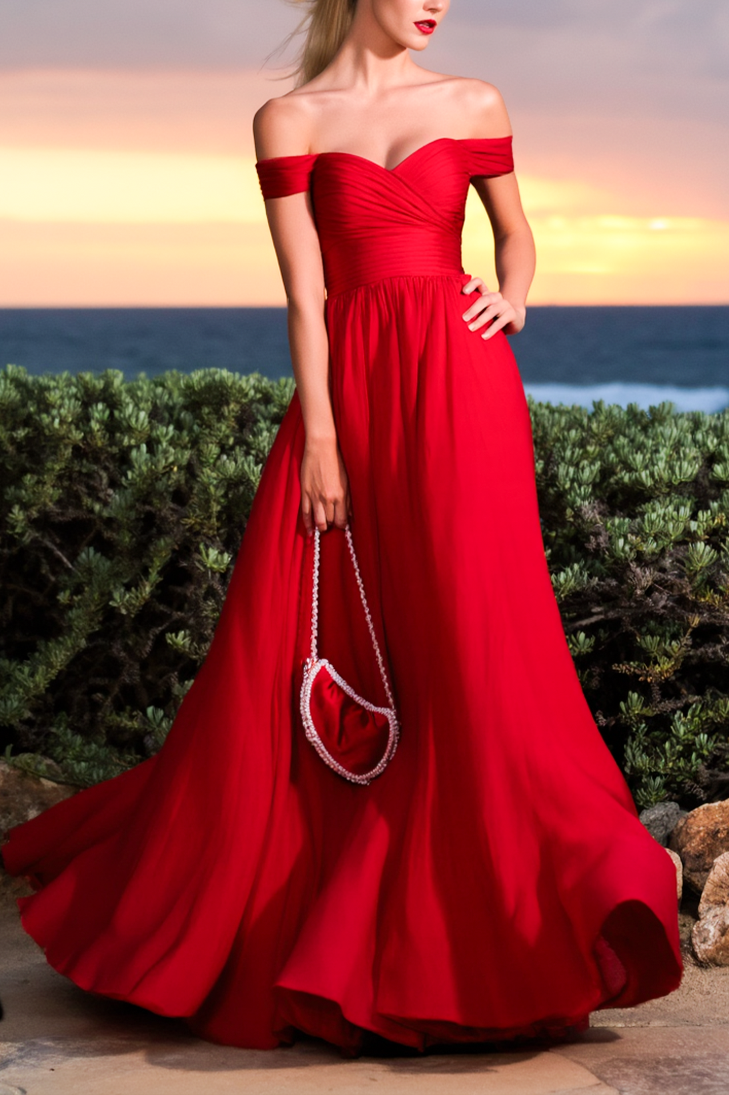 Evening Formal Dress Red Off Shoulder Floor-Length Dress