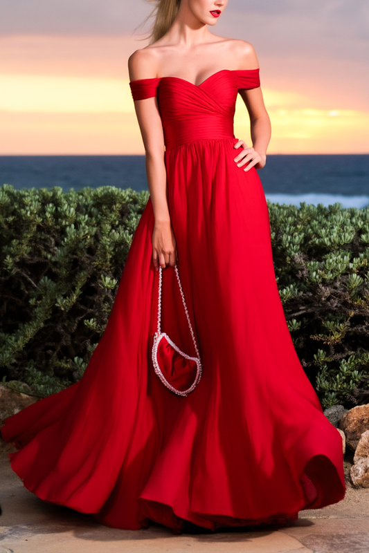 Evening Formal Dress Red Off Shoulder Floor-Length Dress
