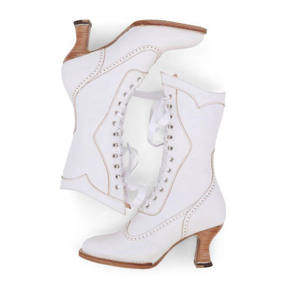 Elegant Lace-Up Almond Toe Mid-Calf Spool Heeled Boots in White