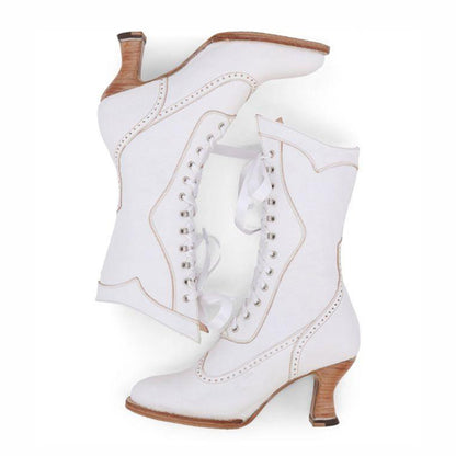 Elegant Lace-Up Almond Toe Mid-Calf Spool Heeled Boots in White