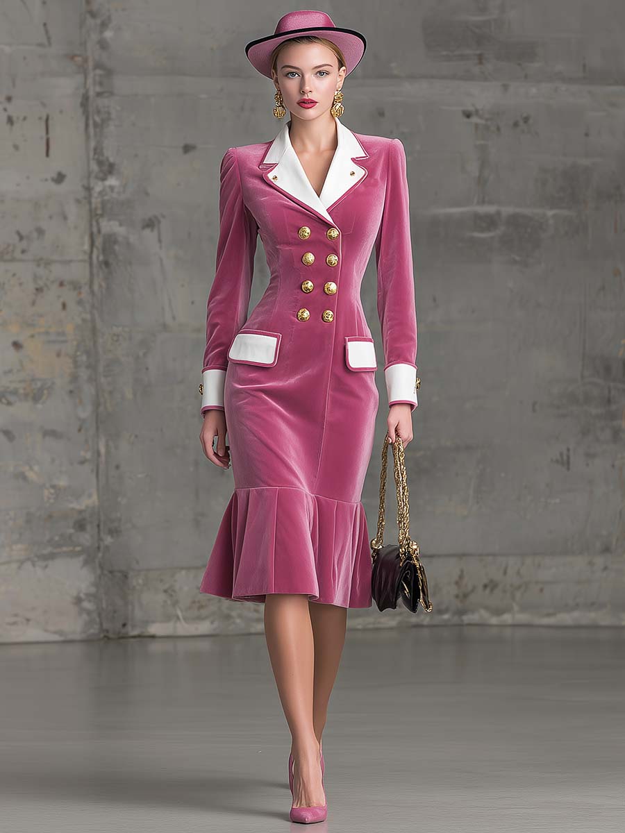 Elegant And Exquisite Retro Contrast Color Notch Lapel Double-breasted Lotus Leaf Hem Pink Velvet Midi Dress
