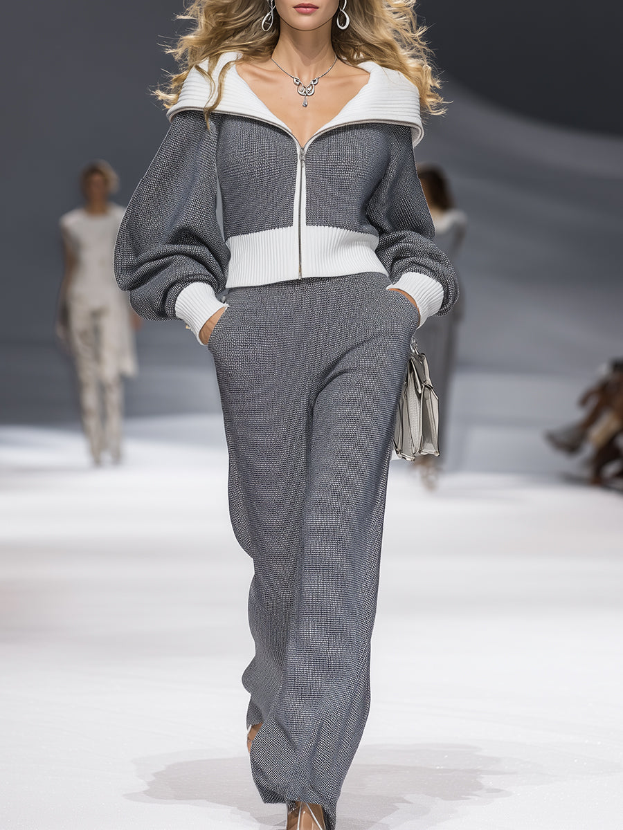 Elegant Casual Gray Stitching White Lapel Knitted Cardigan Trousers Set