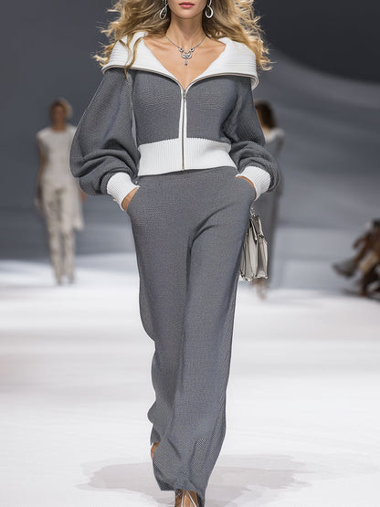 Elegant Casual Gray Stitching White Lapel Knitted Cardigan Trousers Set