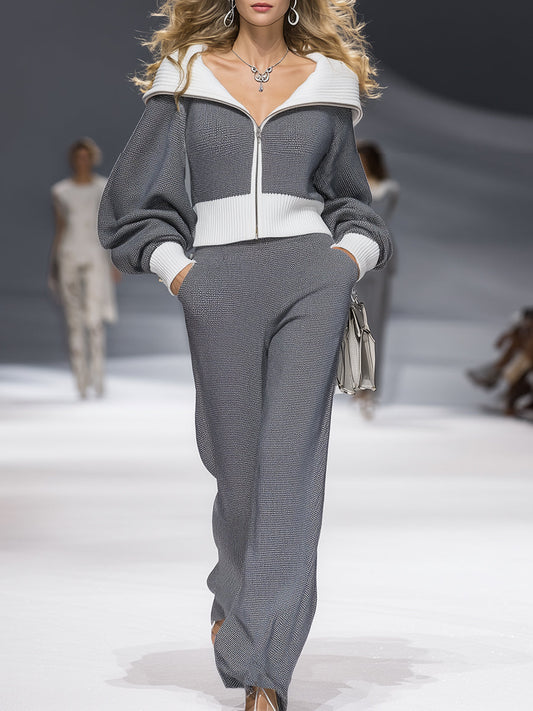 Elegant Casual Gray Stitching White Lapel Knitted Cardigan Trousers Set