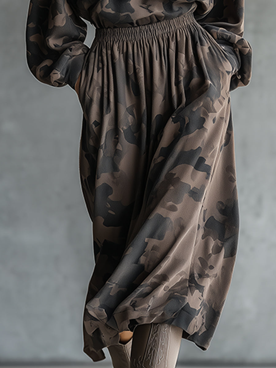 Fashionable Casual Brown Camouflage Print Hooded Half-zip Long-sleeved Midi Dress