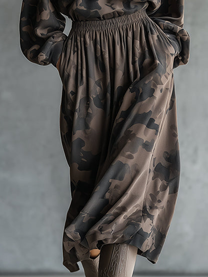 Fashionable Casual Brown Camouflage Print Hooded Half-zip Long-sleeved Midi Dress