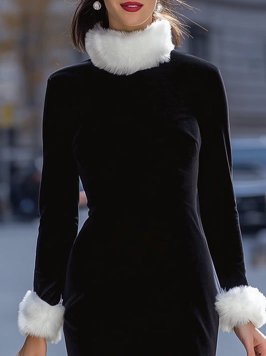 Elegant Velvet Dress With White Faux Fur Trim