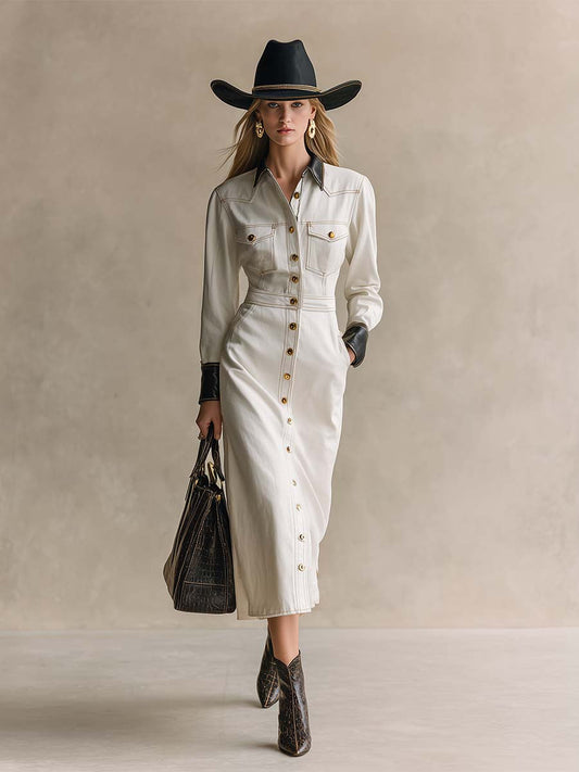 Fashionable And Elegant Leather-trimmed White Denim Button-down Maxi Dress