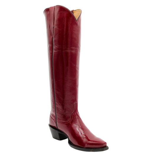 Faux Leather Block Heel Snip Toe Knee-High Red Cowgirl Boots