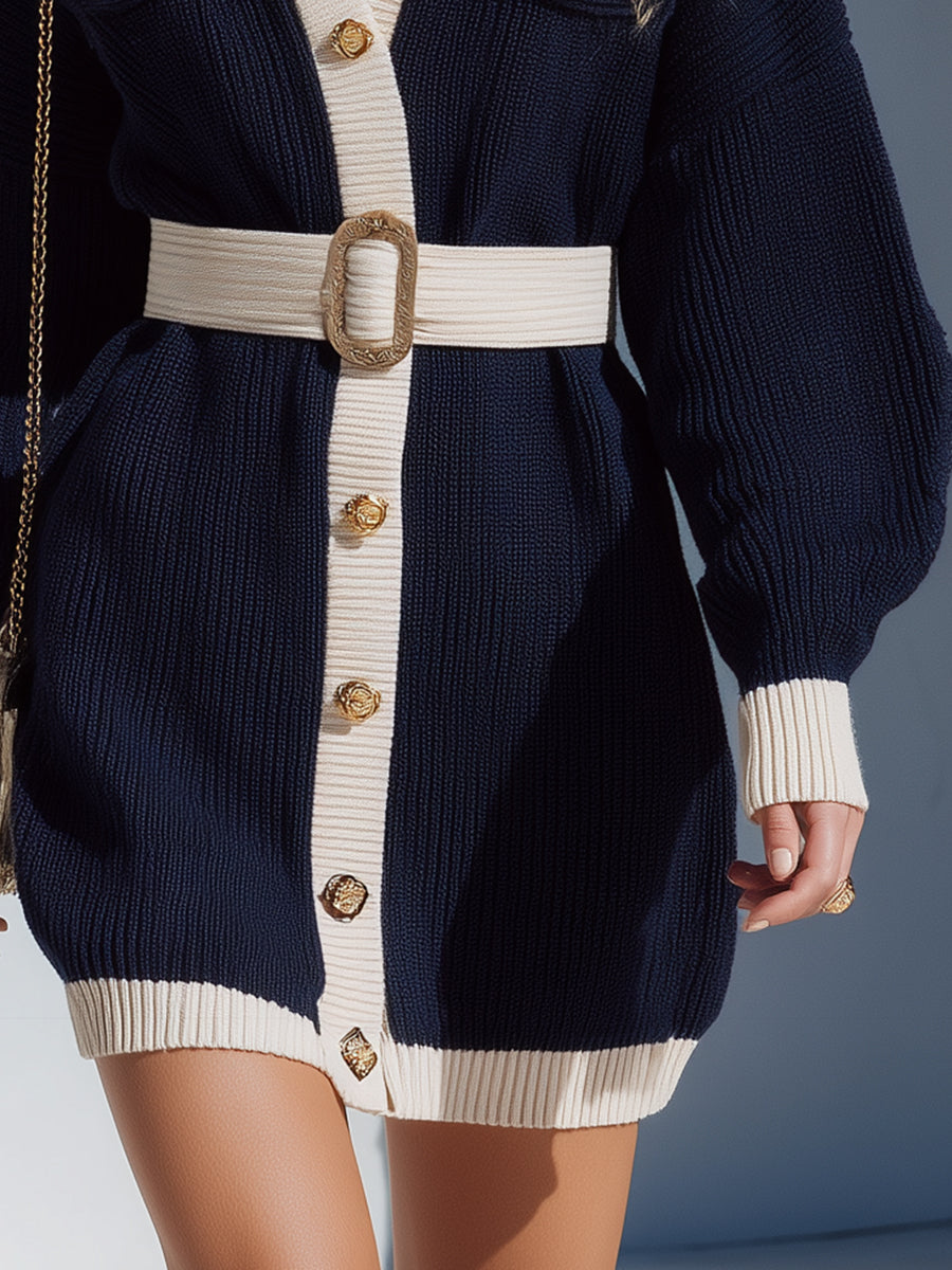 Fashionable Preppy Style White Contrasting Edge Navy Blue Knitted Mini Dress