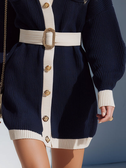 Fashionable Preppy Style White Contrasting Edge Navy Blue Knitted Mini Dress