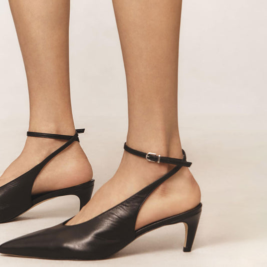 Elegant Black Pointed Toe Kitten Heel Buckle Ankle Strap Pumps Shoes