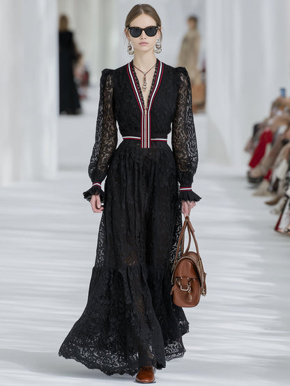 Elegant Retro Striped Black Lace Long-sleeved Maxi Dress