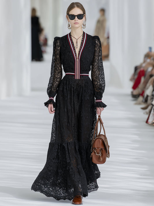 Elegant Retro Striped Black Lace Long-sleeved Maxi Dress