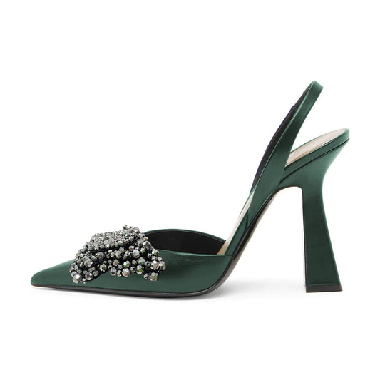 Dark Green Pointed Toe Rhinestone Butterfly Slingback Pumps Heels