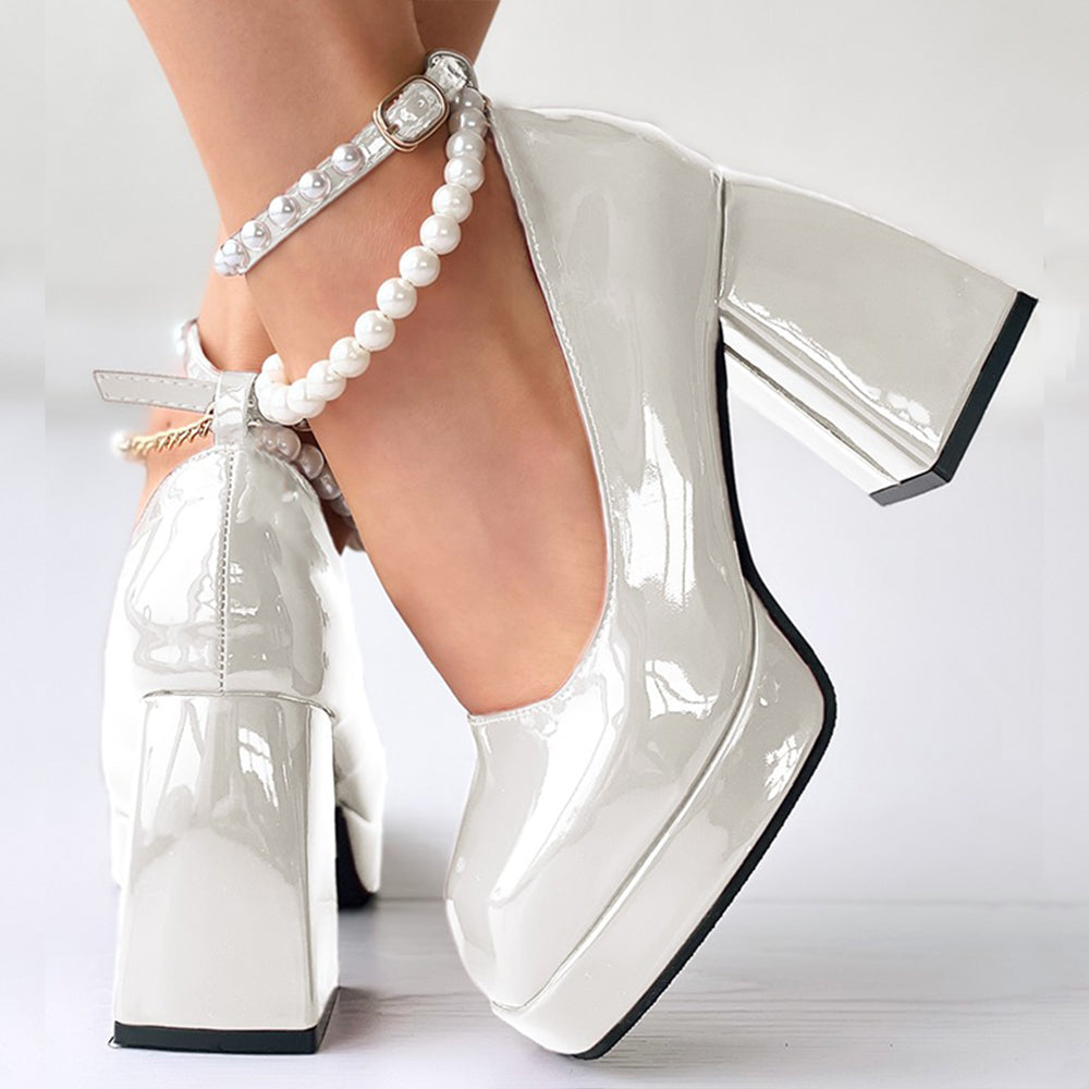 Full Color Patent Leather Platform Mary Janes Pearl Ankle Strap Chunky Heels